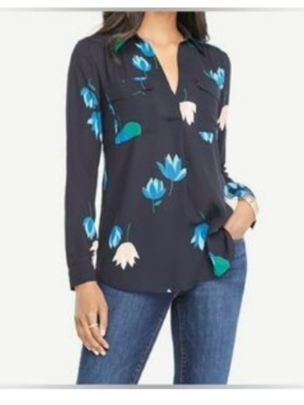 Ann Taylor Tulip Floral Navy Blue Sheer Blouse Long Sleeve